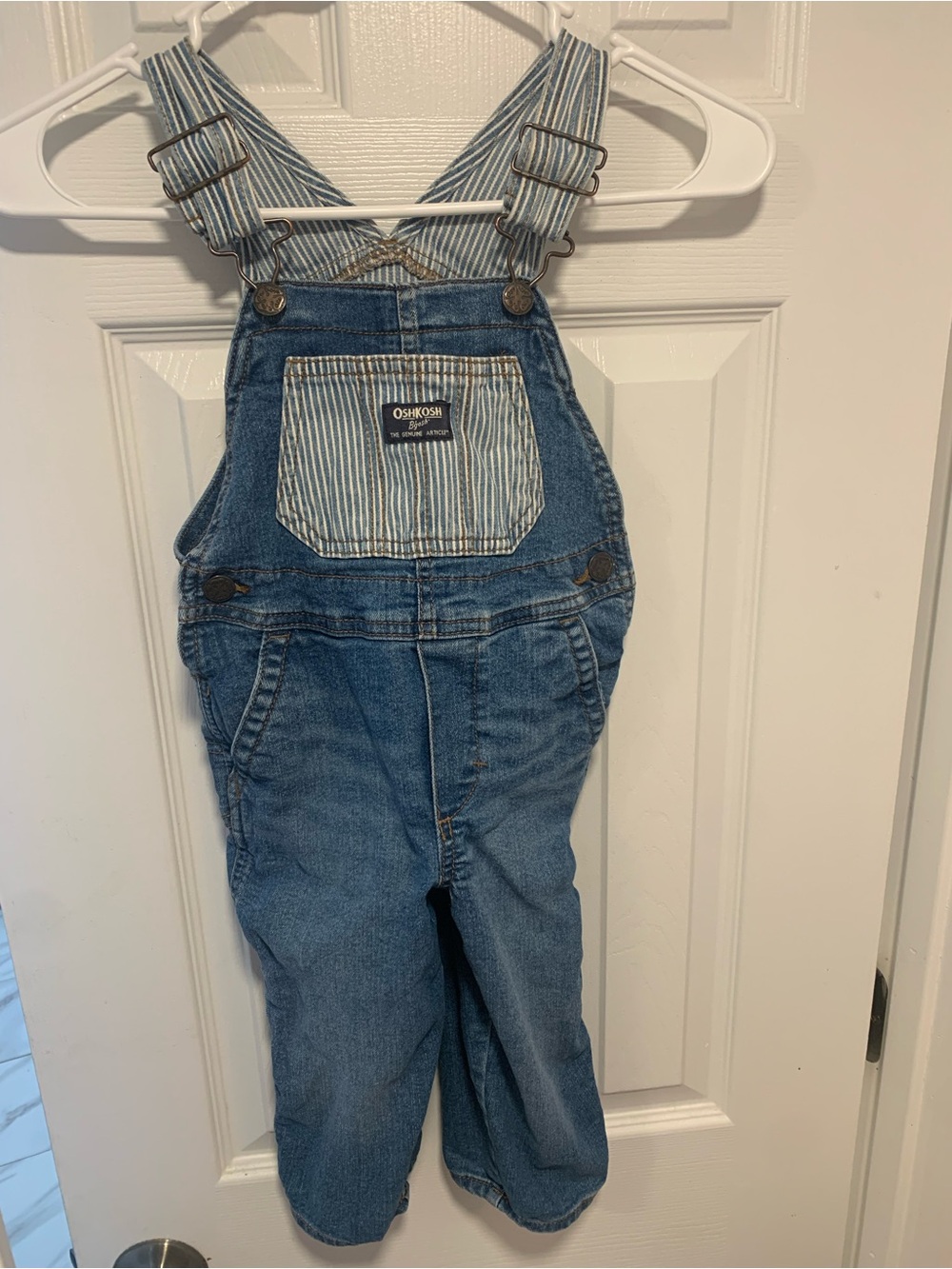 OshKosh B'gosh Blue Denim Toddler Overalls with Striped Bib Detail